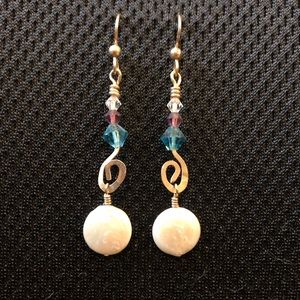 2” drop 14kt gf earrings with coin pearl & stones